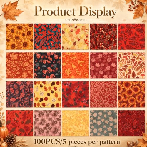 100 Pack 20 Styles Autumn Charm Pack Pre‑Cut Quilting Fabric - color: Burnt Orange, size: 5″