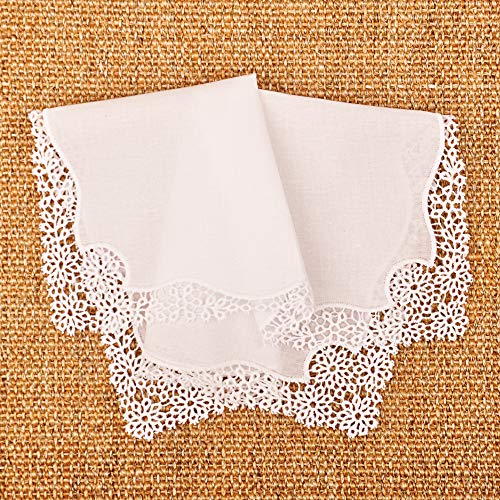 Milesky White Wedding Handkerchief Pure Cotton, Soft Ladies Hanky with Crochet Lace - color: Ch03