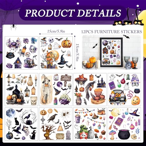 Halloween Rub on Transfers for Crafts and Furniture - Wxiben 12 Sheets Ghost Pumpkin Rub on Transfers for Furniture Halloween Skull Rub on Transfer Stickers Decals for Wood DIY Craft Office Home Decor - style: Halloween
