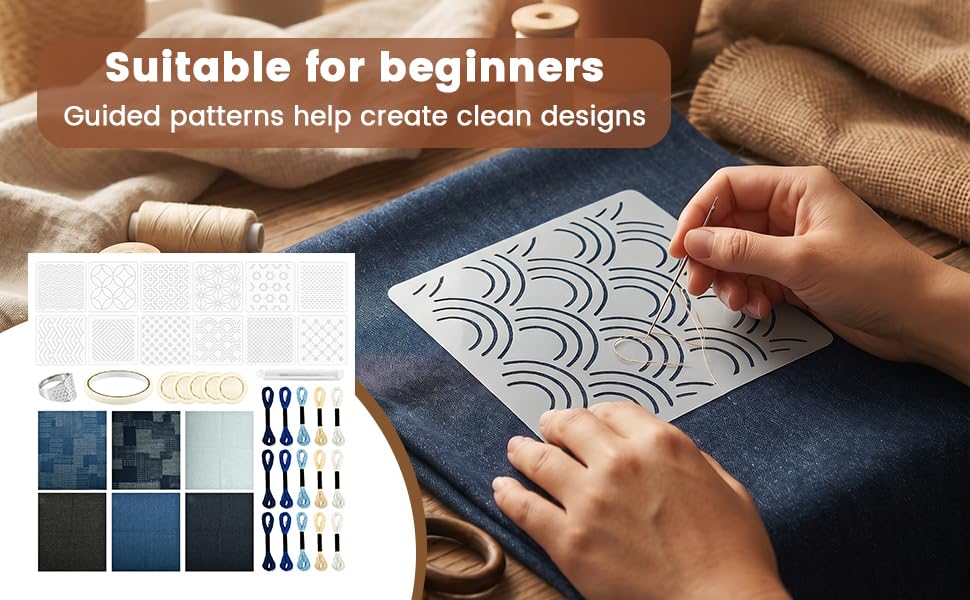 DOQXYAVM 45Pcs Sashiko Embroidery Kit for Beginners, Japanese Sashiko Stencil Kit with Geometric Templates, Fabric, Threads, Needles, Thimble, Complete Hand Quilting Stitching Sewing Supplies