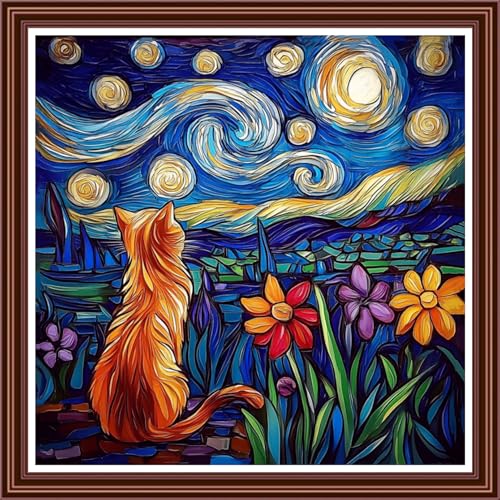 Dimensean Counted Cross Stitch Kit for Beginners, 11CT Unprinted Cross-Stitch Kit Easy Patterns Needlepoint Kit Cross Stitching Embroidery Kit Supplies-Star Moon Cat 18x18 inch - color: ColorDIY17