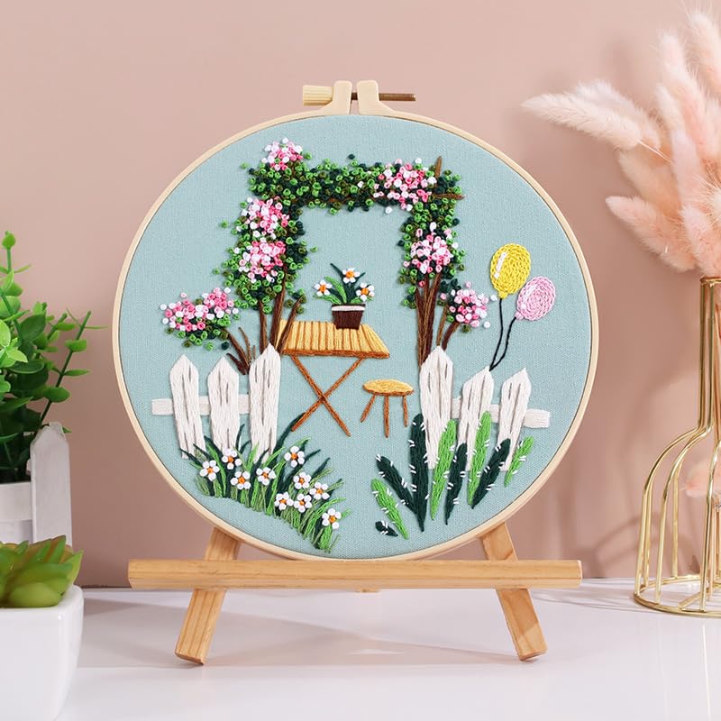 Qupace 3 Pcs Farmhouse Kits for Woman,Beginner Embroidery Kits for Adults,Garden Balcony Scene Pattern Cross Stitch, Green Themed Needlework Sewing Craft Kit - color: Green
