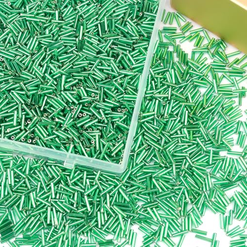 4000 Pcs Bright Green Glass Bugle Beads, 2 x 7 mm Embroidery Beads, Small Long Tube Seed Beads for Embroidery Craft Jewelry Making - color: Bright Green