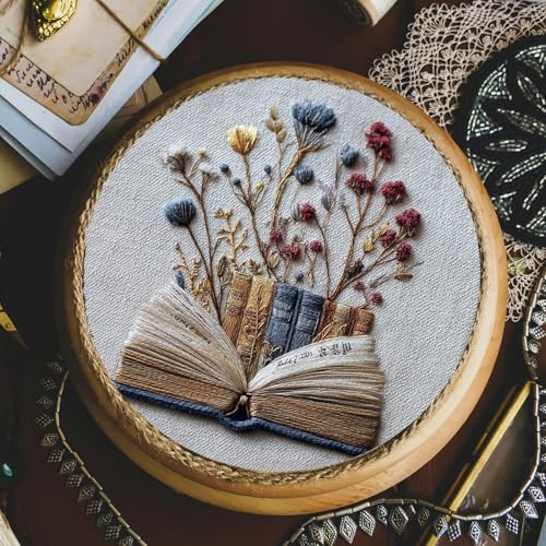 FONNUY Embroidery Kit for Beginners, Flower Book Pre-Stamped Pattern Kits for Adults with Hoop, Cross Stitch Easy to Follow Color Thread Needlework, 8'' Hoop (Blue) - color: Blue
