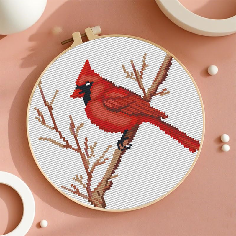 Cartoon Simple Red Cardinal on Branch DIY Stamped Cross Stitch Kits Easy for Beginners and Children with Hoop 11CT Needlepoint Counted Embroidery Kits Art Craft Wall Decoration 12x12inch(1)