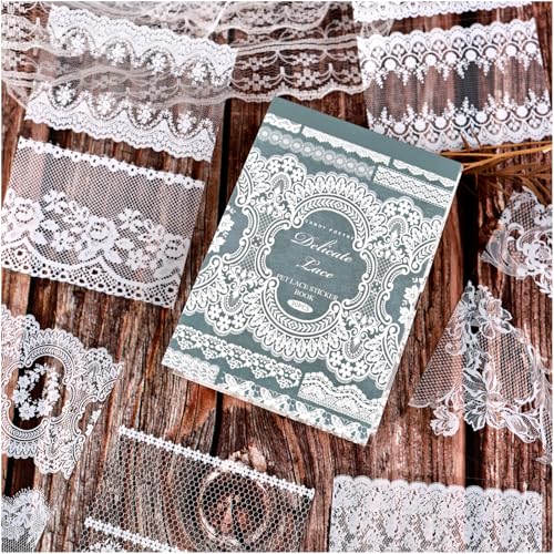 Lace Stickers for Scrapbooking, 30 Sheets Scrapbook Stickers Book for Wedding Invitations, Bridal Scrapbook Supplies, Transparent PET Stickers for Junk Journaling, Delicate Silk Lace Themed - color: Delicate Lace