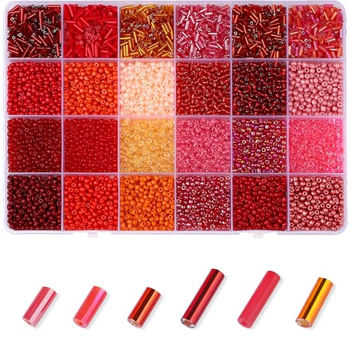 7500Pcs Red Glass Seed & Tube Bugle Beads Kit for Embroidery and DIY Craft - color: A-Red
