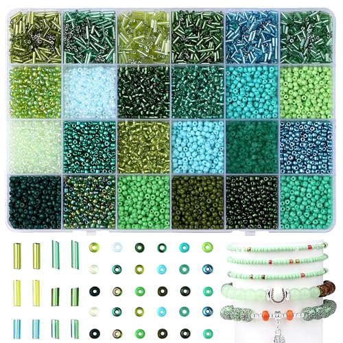 LAIDANLA 7500pcs Green Glass Seed & Bugle Tube Beads Kit for Jewelry Making - color: Green
