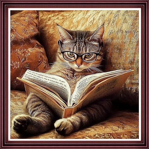 DMCVIVR Stamped Cross Stitch Kits for Beginners Adults Needlepoint Kits for Beginners Embroidery Kits for Adults Crossstitch Kit for Beginners 11CT-A cat Wearing Glasses Reading a Book 18x18 inch - color: ColorNice20