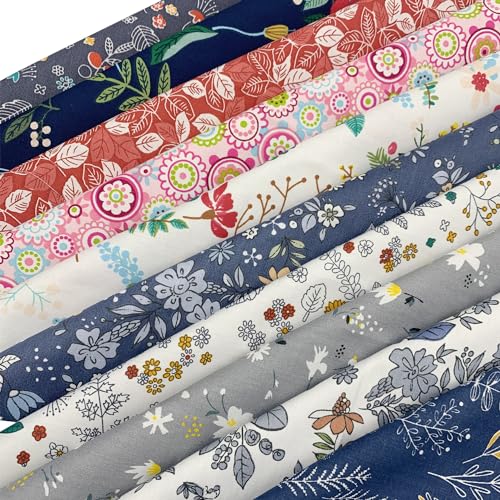 10Pcs Cotton Fabric Squares Bundles 25 x 25 cm Floral Patterns Printed Fabric Patchwork Craft Cloths for Sewing Quilting DIY Needlework Decoration Scrapbooking Handwork (Grey)