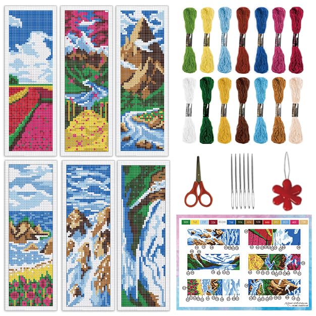 INFUNLY 6pcs Natural Scenery Cross Stitch Bookmark Kits Mountain Embroidery Bookmark Kit with Instructions Lakes Sky Handmade Cross Stitch Set Pre-Printed Flowers DIY Bookmark-Kits for Book Lovers - style: Natural Scenery