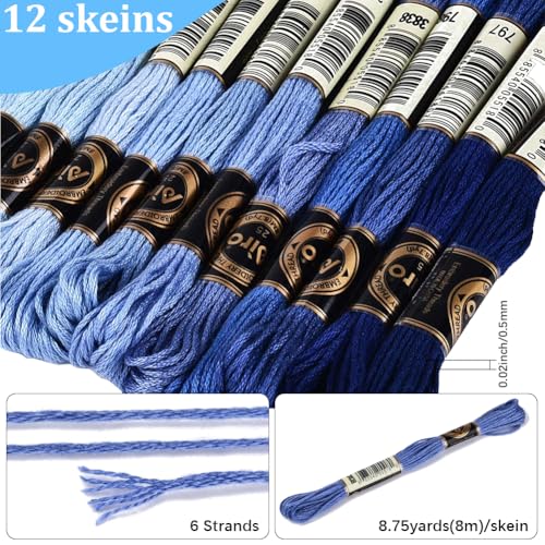 105 Yards 12 Skeins Gradient 6 Strands Marine Blue Cross Stitch Thread Polyester Variegated Embroidery Floss Friendship Bracelet String Assorted Bulk for Hand Sewing Making Knitting Supply - color: Marine Blue Color