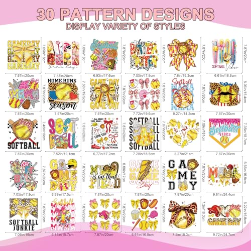Wxiben Softball Iron on Transfers for T-Shirts - 30 Pcs Game Day Dtf Transfers Ready to Press Softball Bow Mother's Day Transfer Vinyl Stickers Iron on Decals for Clothing Pillows Hats Bag DIY Crafts - style: Softball
