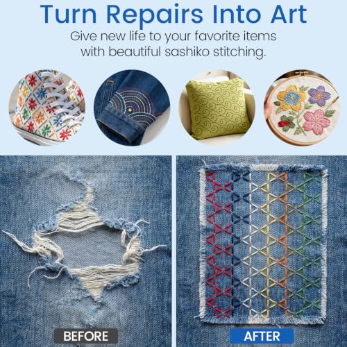 Sashiko Kit, Includes Sashiko Thread, 100% Cotton Fabric, Needle, Thimble, Threader, and Sashiko Pattern Template. Ideal for Sewing Beginners, Mending, and Hand Quilting. - color: 24