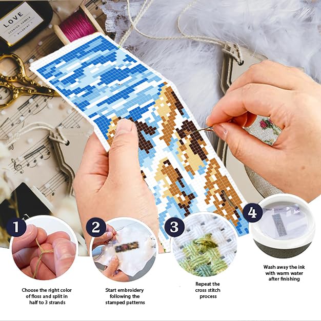 INFUNLY 6pcs Natural Scenery Cross Stitch Bookmark Kits Mountain Embroidery Bookmark Kit with Instructions Lakes Sky Handmade Cross Stitch Set Pre-Printed Flowers DIY Bookmark-Kits for Book Lovers - style: Natural Scenery