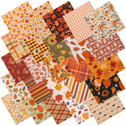 25 Pcs Fall Quilting Fabric Scraps, 10''x10'' Thanksgiving Cotton Fabric Squares Vintage Precut Quilt Kits Include Pumpkin Maple Leaf Bundle Print for Autumn Holiday DIY CRA - color: Orange Autumn