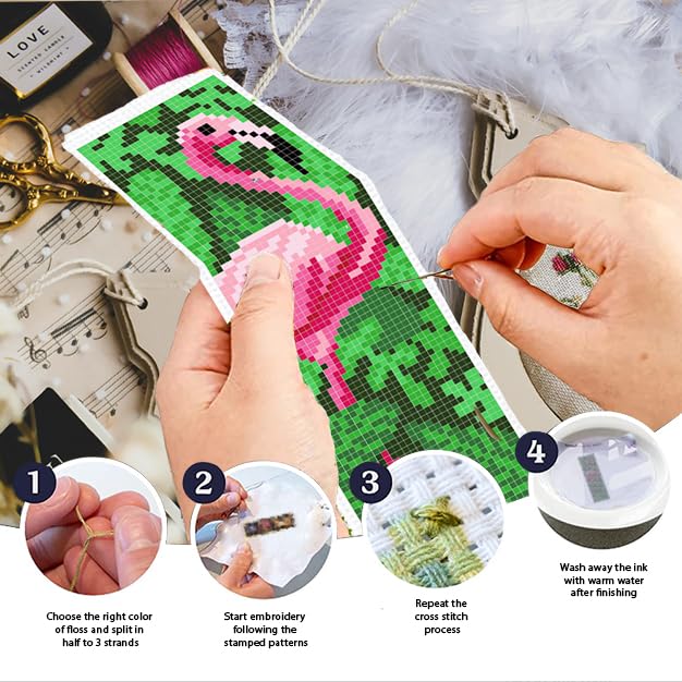 INFUNLY 6PCS Flamingo Cross Stitch Bookmarks Kit Pink Handmade Cross Stitch Bookmarks Make Time to Read DIY Cross Stitch Bookmark Set with Backing Felt Floss Instruction for Adult Book Lovers - style: 6PCS Flamingo