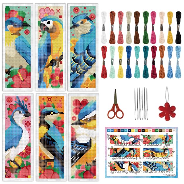 INFUNLY 6PCS Blue Bird Cross Stitch Bookmark Kit for Adult 3×8.5inch Parrot Stamped Embroidery Bookmark Kits with Flower Birds Needlepoint Bookmark Kit with Instruction for Book Lovers Readers - style: Blue Parrot