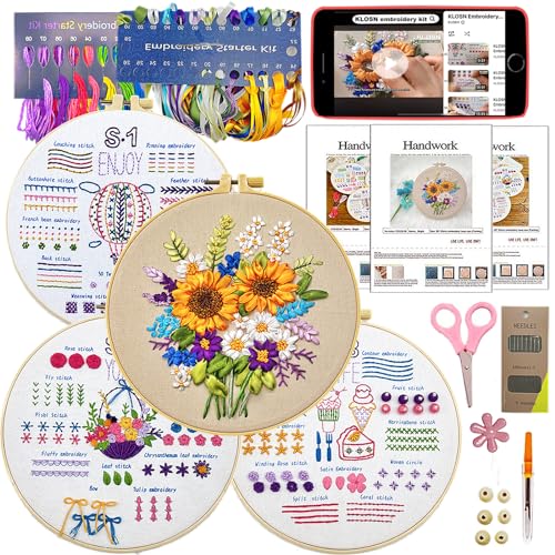 KLOSN 4 Sets Embroidery Kits for Beginners, Ribbon Embroidery Patterns & Easy Embroidery Stitches Kits, Needlepoint Kits for Adults, Beginners Embroidery Kits for Adult Include Video Tutorial