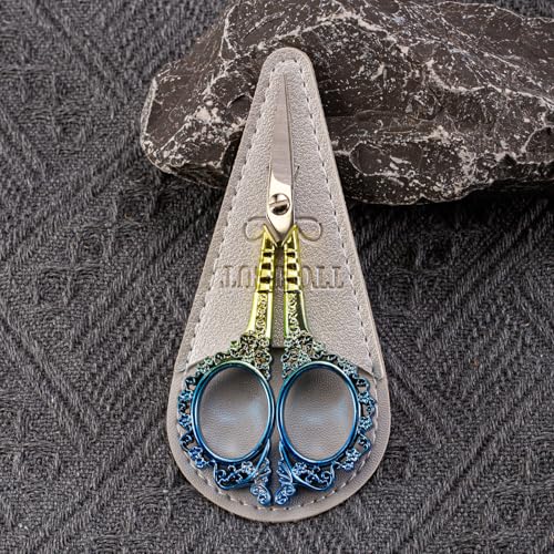 All Purpose Scissors with Sheath - Sewing Embroidery Sharp Cuticle Eyebrows Manicure Pedicure Beauty Grooming Scissors for Office, Home, School, Sewing Crafts (Gold Blue) - color: Gold Blue