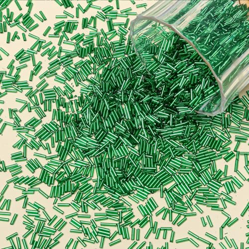 4200pcs Glass Bugle Beads, Mini Long Tube Seed Beads Bulk, Tiny Small Loose Spacer Embroidery Beaded for Bracelets Jewelry Making Sewing, Crafts, Christmas Ornaments, 2×6mm, Lime Green - color: Dark green