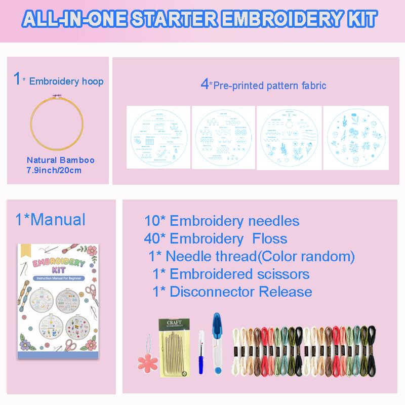 Sutesloly Hand Embroidery Kit for Beginners Adults, 4 Sets Learn to Floral Patterns Simple Starter kit for Beginners, Easy Practice Kit, 7.8inch Hoop, DIY Craft Gift for Women, Pink and Blue - color: pink and blue