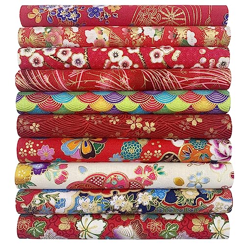 aufodara 10Pcs Cotton Craft Fabric Patchwork Bundle 20x25 cm, Japanese Style Printed Floral Beautiful Gold Patterns Bronzing Cloth for Sewing Quilting DIY Artcraft Handwork (Red) - color: Red