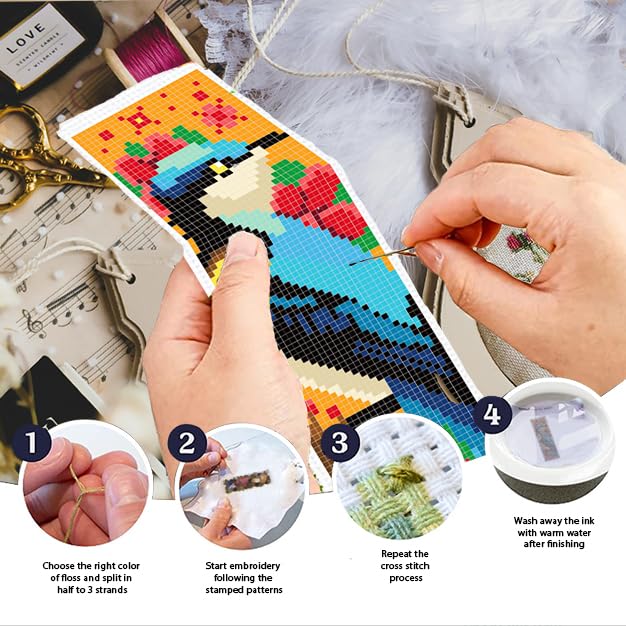 INFUNLY 6PCS Blue Bird Cross Stitch Bookmark Kit for Adult 3×8.5inch Parrot Stamped Embroidery Bookmark Kits with Flower Birds Needlepoint Bookmark Kit with Instruction for Book Lovers Readers - style: Blue Parrot
