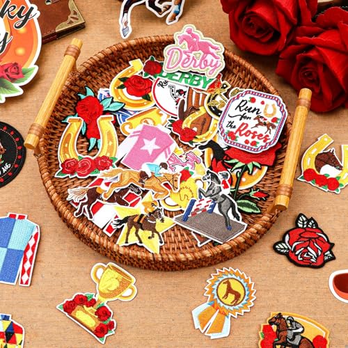 AUGSUN 36Pcs Kentucky Derby Iron on Patches Race Horse Sew on Appliques - style: Derby