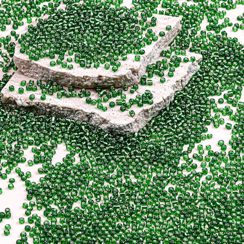 Legefo 4mm Glass Seed Beads Bulk, Green with Silver 6/0 Small Mini Pony Seed Beads, Tiny Round Craft Bead for Bracelet Necklace Wrist Jewelry Making Beading Weaving DIY Crafts Supplies, 1000pcs - color: Green with Silver