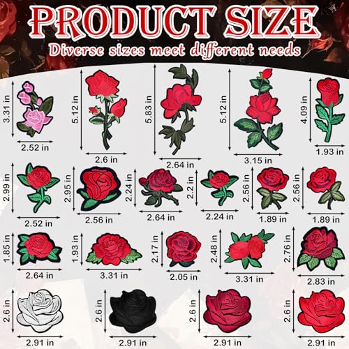 20pcs Rose Iron on Patches Flower Embroidery Patches Applique Valentines Patches for Clothes Hats Jeans Jacket - color: red