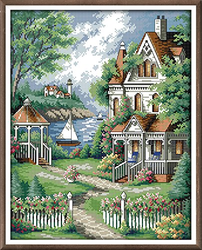 CaptainCrafts Cross Stitch Kits, New Stamped Kit Printed 11CT Fabric Cross Stitching DIY Art DMC Needlecrafts Embroidery Kit for Adults Beginner (Stamped, Seaside Villa Garden) - color: Seaside Villa Garden, style: Stamped