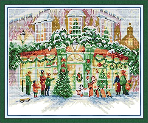 Howie's Needlepoint Cross Stitch Kits, 14CT Pre-Printed Pattern Embroidery Set Needlework, Full Range of Stamped Starter Kits(Christmas Shop, 18.5 x 15.75 inch) - color: Christmas Shop