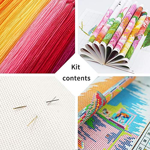Dimensean Stamped Cross Stitch Kits Full Range of Embroidery Patterns Starter Kits for Beginners Adult DIY Cross Stitches Needlepoint Kits 11CT-Wolf Flower 17.7x17.7 inch - color: Pattern Style 07
