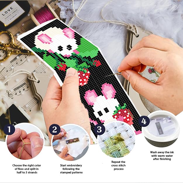 INFUNLY 6 Set White Mouse DIY Cross Stitch Bookmark Kits for Beginners Strawberry Counted Cross Stitch Kit with Instruction Cute Mice Fruit Embroidery Bookmark Kit for Book Lovers Readers Gift - style: Mice and Strawberries