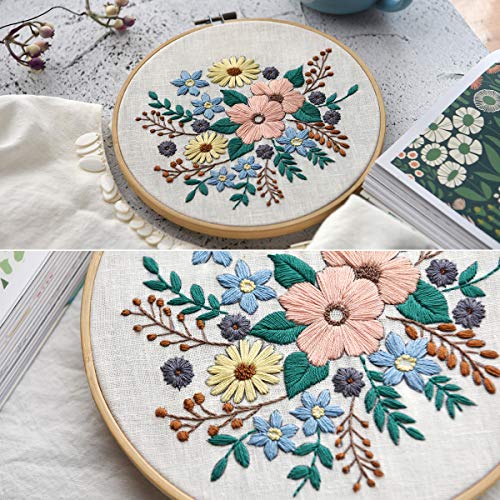 KISSBUTY Embroidery Starter Kit with Pattern, Stamped Embroidery Cloth, Bamboo Hoop, Color Threads Needle Kit (Floral)