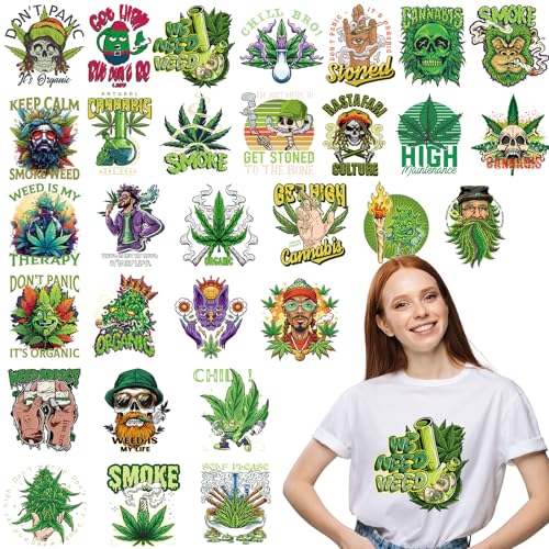 Dazoratix Weed Iron on Transfers - 30 PCs Pot Leaf Ready to Press Heat Transfer Stickers Green Planrt Decals for T-Shirts Clothing Hat Appliques Clothes Decorations DIY Crafts Pillow Washable Patches - size: 30 Sheets, style: Weed