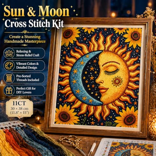 WYBQFDJ Sunflower Sun & Moon Beginner Cross Stitch Kit, 11.8 x 15 in
