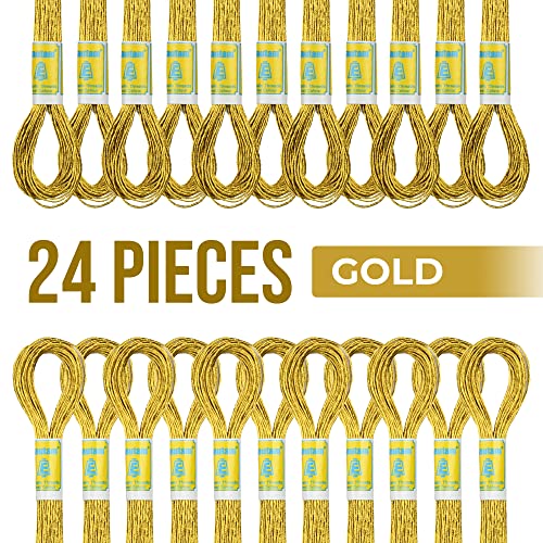 24 Gold Skeins 100% Cotton Metallic Thread for Hand Embroidery - color: Gold Floss
