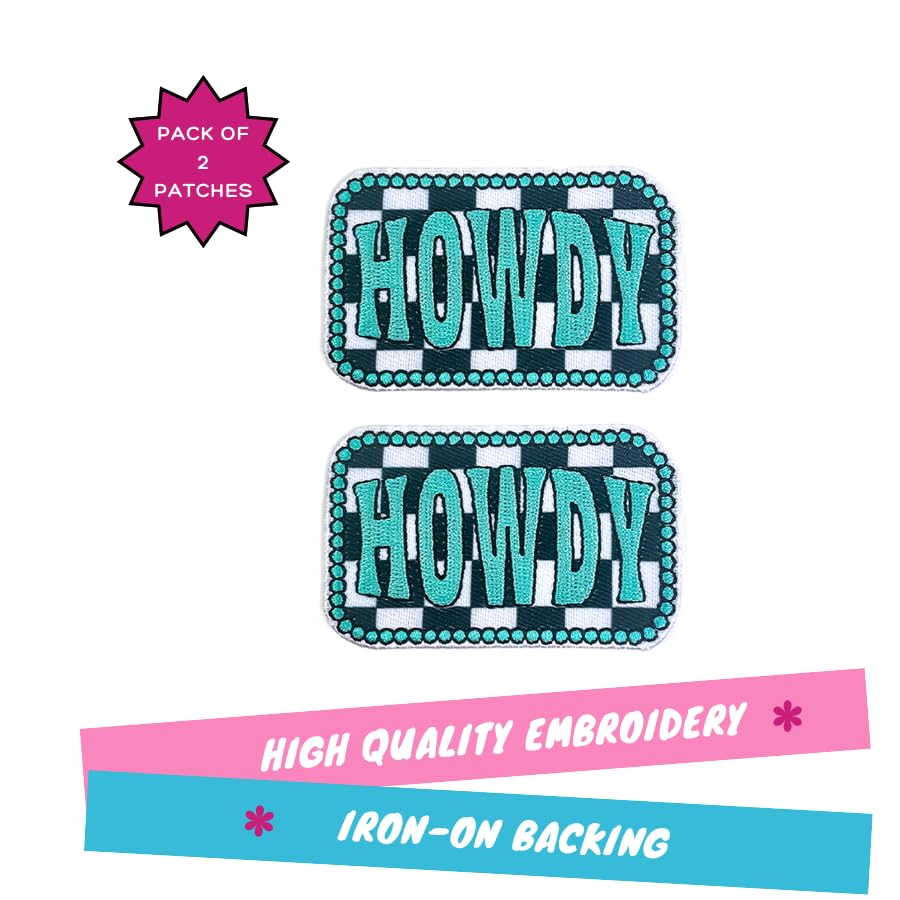 Howdy Turquoise Checkered Patch, 2.75” x 1.75", Embroidered Iron-On for Hats, Bags, Jackets, 2-Pack - color: Checkered Howdy Patch
