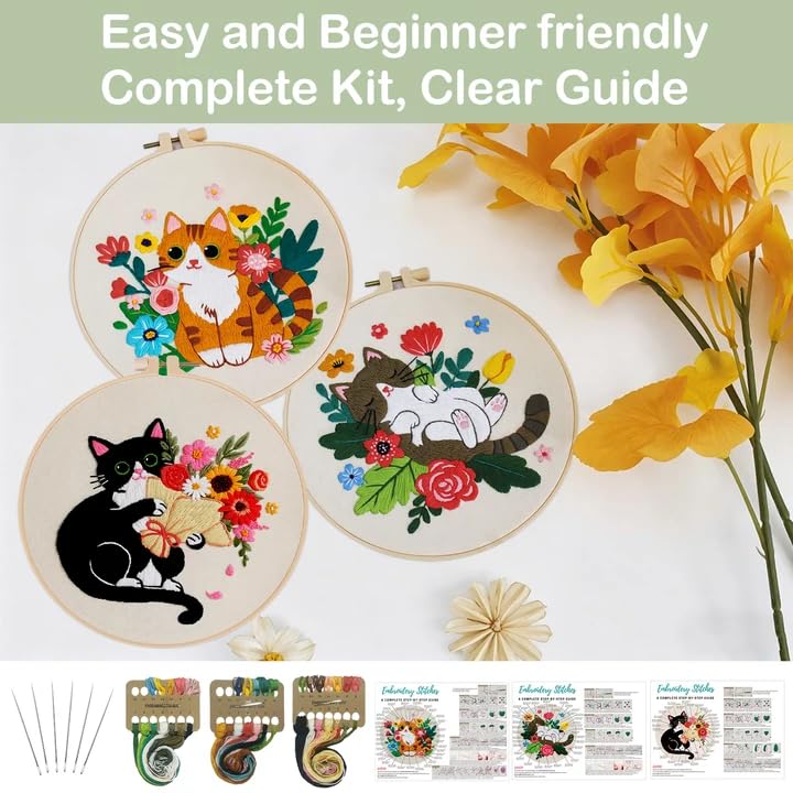 Nuberlic 3 Pack Cat Embroidery Kit for Beginners Adults - color: CAT