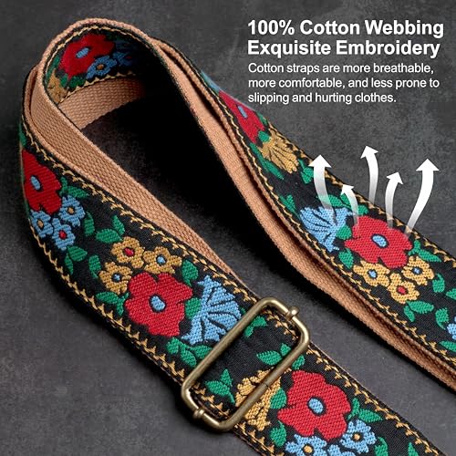 Nefelibata Banjo Strap,2"Wide Double Crazy Horse Leather Jacquard Embroidery Strap Adjustable Replacement,Multi-pattern Strap With Metal Clips - color: A#-flower Embroidery