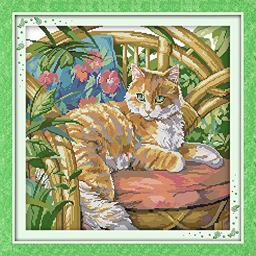 Stitchhaven 14CT Cute Cat Counted Cross Stitch Kit for Beginners, Unprinted Complete DIY Embroidery Set with Pattern & Tools, Premium Aida Cloth & Threads (The cat on the Chair) - color: Cat24