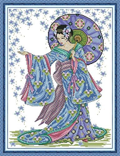 CaptainCrafts Cross Stitch Kits, New Stamped Kit Printed 11CT Fabric Cross Stitching DIY Art DMC Needlecrafts Embroidery Kit for Adults Beginner (Stamped, Rain Flower Blue Kimono Woman) - color: Rain Flower Blue Kimono Woman, style: Stamped