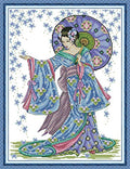 CaptainCrafts Cross Stitch Kits, New Counted Kit Unprinted 14CT Fabric Cross Stitching DIY Art DMC Needlecrafts Embroidery Kit for Adults Beginner (White, Rain Flower Blue Kimono Woman) - color: Rain Flower Blue Kimono Woman, style: White