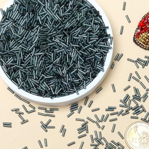 2000pcs Glass Bugle Beads, Tube Beads Bulk, Mini Long Tiny Small Waist Loose Spacer Embroidery Beaded for Bracelets Jewelry Making Sewing, Crafts, 2×6mm, Metallic Black - color: Metallic Black