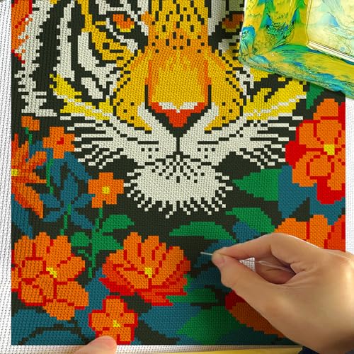 Zhenqing Tiger Stamped Cross Stitch Kit for Beginners, 11CT Printed Full Coverage Tiger Face with Orange Flowers Pattern, 28 x 38 cm Wildlife Animal Embroidery Needlework Set, No Hoop Needed - color: Tiger in Bloom