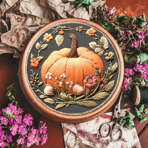 FONNUY Pumpkin Embroidery Kit for Beginners, Pre-Stamped Pattern Kits for Adults with Hoop, Easy to Follow Color Thread Needlework, 8'' Hoop (Orange) - color: Orange