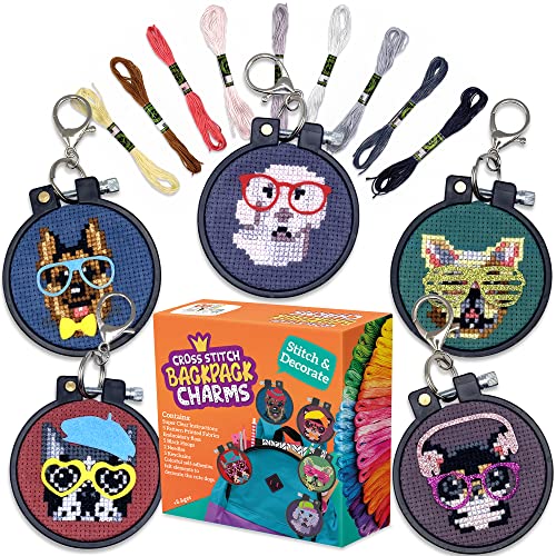 Dogs Cross Stitch Kits for Kids - 5 Stamped Beginner Needlepoint Sets - color: Dogs