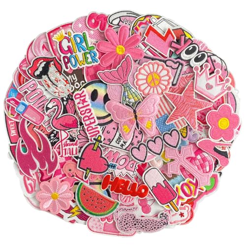 J.CARP 60Pcs Pink Iron on Patches for Girls, Random Girly Embroidery Pink Patches for Clothing, Hats, Backpacks, Jackets, and Bags - color: Pink Random Patches 60Pcs